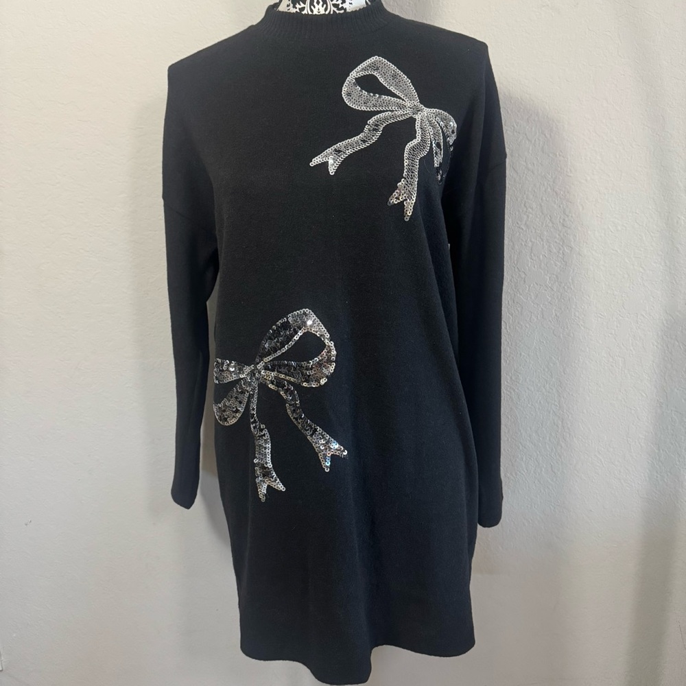 F&F Jumper Tunic Sweater Mini Dress Size S (UK) Black Sequin
